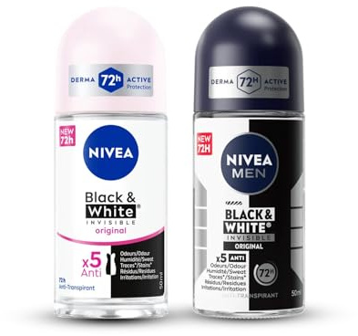 Lot mixte - NIVEA et NIVEA MEN Déodorant Bille Black & White Invisible (2 x 50 ml), déodorant anti-traces, anti-transpirant anti odeur & humidité, protection efficace 72 h, sans alcool