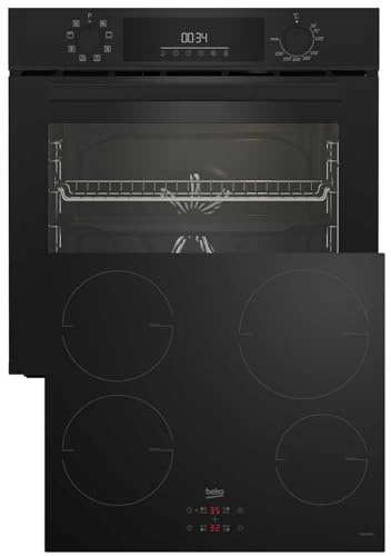 Beko BBSM11340B b300 Einbau-Backofen-Set, 2 autarke Geräte: Induktionskochfeld mit 4 Kochzonen, Backofen mit 8 Heizarten, 72 l Garraum-Volumen, Schwarz