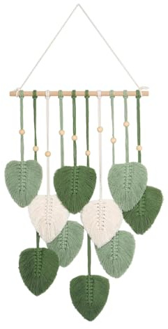 Arazzo da parete in macramè, stile boho con perle di legno e foglie, foglie di cotone in verde e bianco, decorazione da parete bohémien, fatto a mano, per esterni, soggiorno, camera da letto, interni