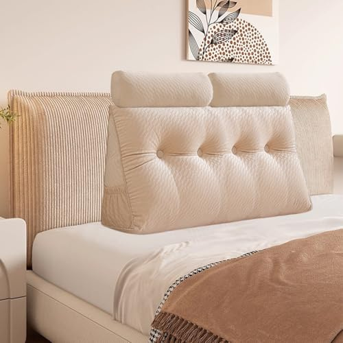 Almohada triangular de terciopelo con cojín enrollable, cubierta extraíble para cabecero, cama baja o litera, cojín de apoyo para respaldo, descanso, lectura y relajación (Beige, 120*50*20cm)