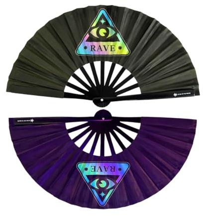 Rave Techno Fächer - Handfächer Schwarz mit UV Glow Stoff – Leuchtet im Dunkeln- Hand fan stabil schwarz- Accessoires für Festival Rave EDM Party Club