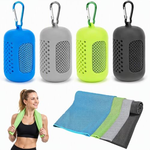 HOPNKN Kühlendes Handtuch, 4 Stück Cooling Towel, Schnelltrocknendes Sporthandtuch mit Tragbaren Silikonhüllen, Kühltücher Kühlendes Sporthandtuch für Fitness Outdoor Sports(30 x 90cm, 4 Farben)