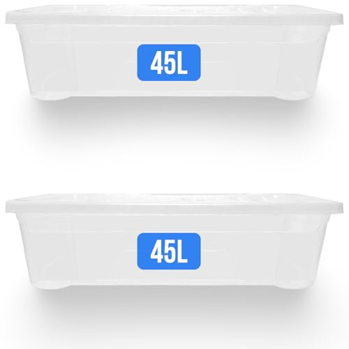 KAPCO 2 x 45L Clear Plastic Storage Boxes with Lids – Under Bed Storage Containers, Stackable, Transparent, Heavy Duty, Organising Bins for Clothes, Toys, Seasonal Décor | 45 Litre | BPA-Free
