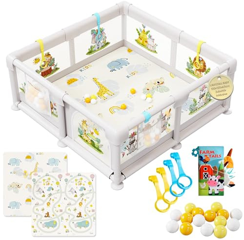 Parque Infantil Bebé 120x120cm con Malla Ilustrada y Esterilla Reversible – Corralito Acolchado Seguro, Libro Sensorial, Bolas y Agarraderas | AKERAQ