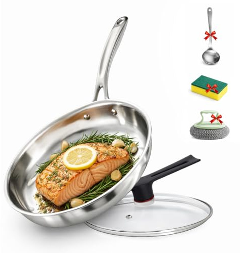 Chefswyn Tri-Ply Stainless Steel Frying Pan (28cm) with Glass Lid – Professional Induction Frying Pan for All Cooktops, Oven & Dishwasher Safe, Restaurant-Quality Cookware