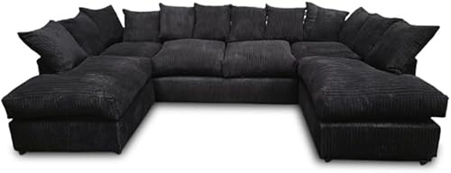 Sectional U Shape Settee - Comfortable Modular Scatter Back Couches - U Shaped Jumbo Cord Fabric - Sofas Soft Corner Couches Suite - Five Seated Suite for Living Room & Indoors (Black)