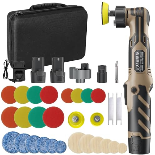 Mini lucidatrice a batteria, lucidatrice per auto con modalità DA&RO e 2 batterie da 2,0 Ah, piastra di lucidatura intercambiabile da 2''/1,5''/1'', 11 velocità, 2500-6000 giri/min, set professionale