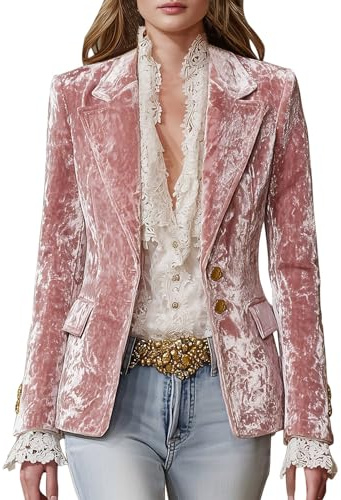 Giacca in velluto da donna, classica, vintage, con un bottone, risvolto, aperta sul davanti, aderente, blazer, casual, per lavoro e ufficio, capospalla, rosa chiaro, M