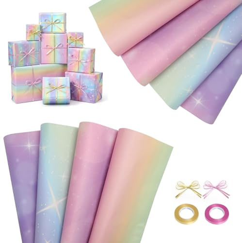 LOLANIUT 8 Stück Regenbogen & Sternen Geschenkpapier Set, Geschenkpapier Geburtstag Kinder, Geschenkpapier Kinder, Geschenk Papier mit Farbverlauf, Gift Wrapping Paper Inkl. 2 Rollen Geschenkband