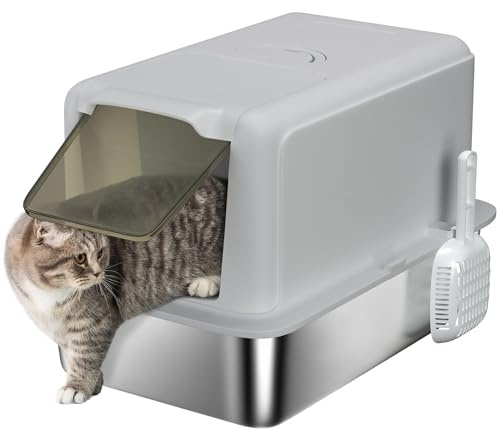 PawHut Lettiera per Gatti Chiusa in PP con Paletta 40.5x60.5x41.5 cm Grigio | Vassoio in Acciaio Inox, Paletta e Sacchetti Filtranti, Lettiera per Gattini