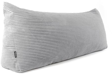 POKAR Rückenkissen | Cord Keilkissen 200x50x20 cm | Lesekissen für Bett und Sofa | Sofakissen für Rückenlehne | Groß Wandkissen Couchkissen mit Seitentaschen | Oeko Tex 100 Zertifiziert | Grau