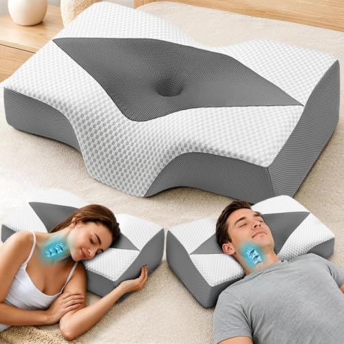 Hypuno Nackenstützkissen gegen Nackenschmerzen, orthopädisches Kopfkissen, ergonomisches Memory Foam Nackenkissen mit 2 Höhen, Hohlraum & kühlendem Bezug, für Seiten- und Rückenschläfer - Grau