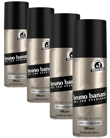 bruno banani Man Deo-Bodyspray, Körperspray mit zeitlos-frischem, orientalischen Herrenduft, 24h lang anhaltend, 50 ml (Packung mit 4)