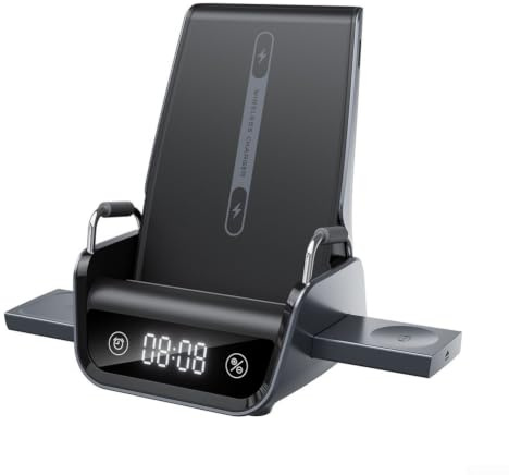 4-in-1 Wireless Charging Station with Clock Display, 22.5W Fast Charger for iPhone, Watch, For AirPods, Multi-Device Qi-Certified Stand for Home Office Desk