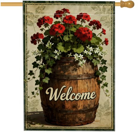 Bandiera per la casa dei gerani, rustica vintage edera rossa primaverile su entrambi i lati, grande bandiera da giardino per esterni, prato, cortile, patio, ingresso 71 x 101 cm