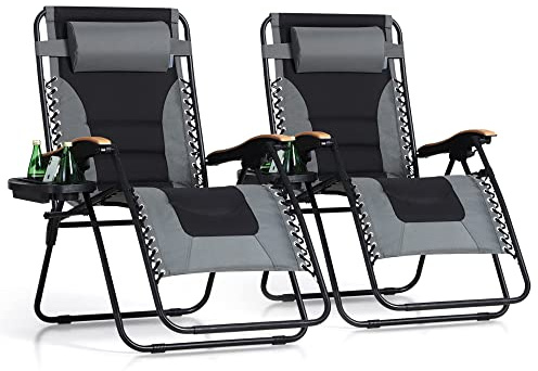PHI VILLA XXL Oversized Padded Zero Gravity Chair Set of 2, Foldable Patio Recliner, 30 Wide Seat Anti Gravity Lounger with Armrest and Cup Holder, Support 400 LBS (Grey)
