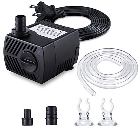 CWKJ Fountain Pump, 80GPH(4W 300L/H) Submersible Water Pump, Durable Outdoor Fountain Water Pump with 4.9ft Tubing (ID x 1/3-Inch), 3 Nozzles for Aquarium, Pond, Fish Tank, Water Pump Hydroponics