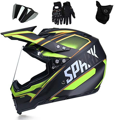 QYTK Integralhelm Motocross Helm Set, Downhill Enduro Motorrad Crosshelm mit Abnehmbare Visier-Brille Maske Handschuhe Full Face MTB Helm für Herren Damen All Terrain Mountainbike ATV,Yellow,L