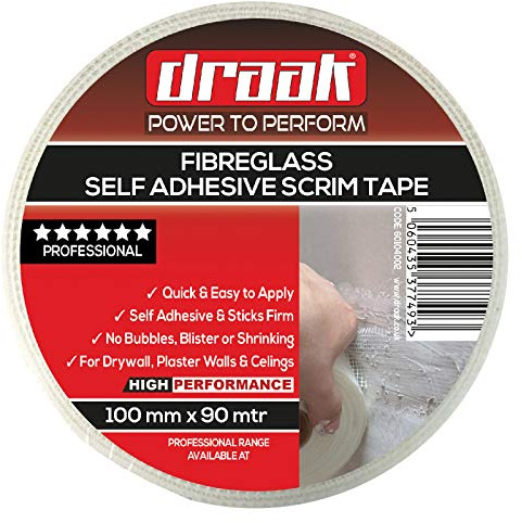 Draak Scrim Tape 100mm x 90mtr Long Plasterboard Mesh Joint Scrim Drywall Fibre Glass Self Adhesive, Wall Hole Or Crack Repair (100mm)