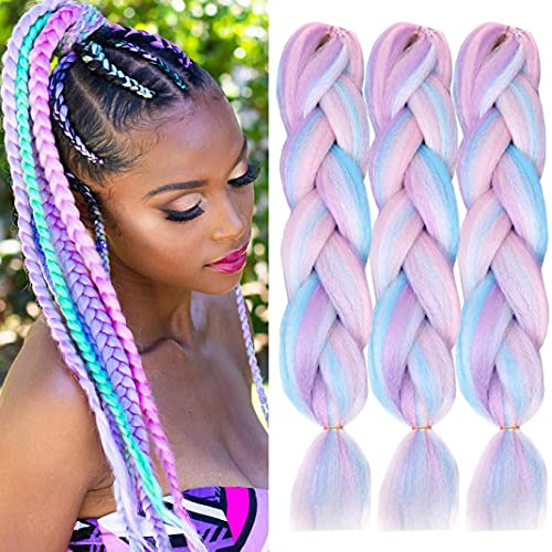 ColorfulPanda Lot de 3 extensions de cheveux synthétiques pour tressage - Texture Yaki facile à tresser, pré-étirée - 61 cm - Couleurs mixtes : blanc/rose/bleu clair/violet clair