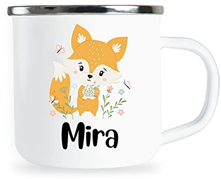 Personalisierte Kindertasse mit Name und niedlichem Fuchs Motiv Emaille Tasse individuelle Geschenke Geburtstag Geschenkidee für Kinder Kind Mädchen Junge Metallbecher Emailletasse