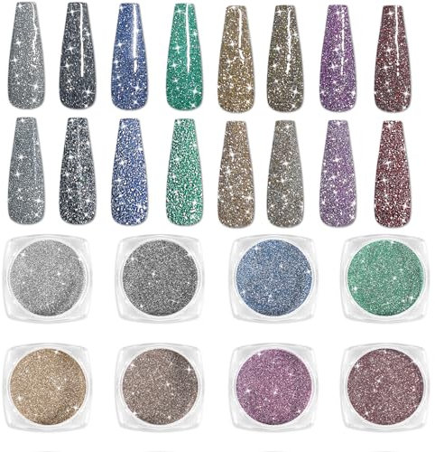 Laza 8 Farben Diamant-Nagelpuder, glitzernder Kristallglitzer, holografischer Nagelglitzer, Staub, Laser, Silber-Spiegeleffekt, hell glänzende Flocken für Acrylnägel, Nagelkunst, DIY-Dekoration