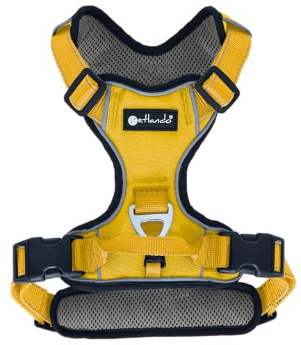 Petlando Hundegeschirr Outdoor – stark reflektierend, gepolstert, atmungsaktiv, robust, stufenlos verstellbar, Zwei D-Ringe – Gelb, L (Halsumfang 48-62cm, Brustumfang 68-82cm)