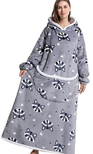 Übergroße Hoodie-Decke mit riesiger Tasche, Sweatshirt-Decke für Damen und Herren, Einheitsgröße, Waschbär (mit Flusen), One size