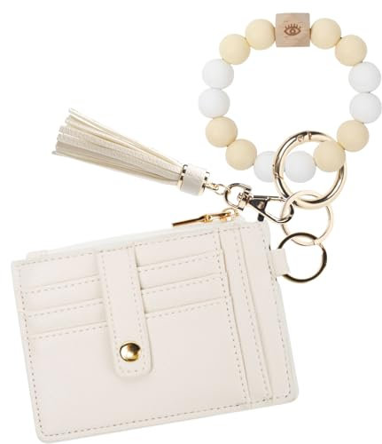 SEWELATN Kartenetui Damen,Mini Klein Kreditkartenetui mit Schlüsselring,RFID Brieftasche Kartenetui,PU Quaste 9 Slots Kartenhalter Schlüsselanhänger für Frauen. (Beige)