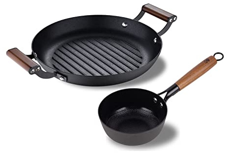 MasterPro Odín | Pfannenset Antihaftbeschichtet 2-Teilig | Topf 16 cm + Grillpfanne 28 cm | Aus Gepresstem Eisen | Ergonomische Holzgriffe | Pfannen Set | Für Alle Herdarten