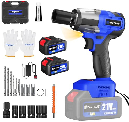 Lucn Impact Wrench Electric Cordless Driver 1/2 Worklight Car Repair Wheel Nut Gun, 420Nm, 3200RMP, 2 x 6.0Ah Li-ion Battery, 4 Sockets and 12 Drill Bits