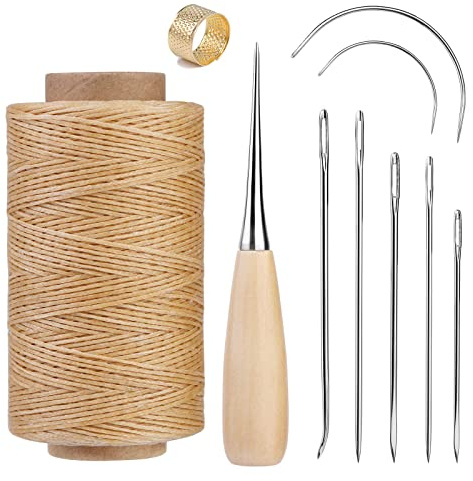SUVSOON 273 Yards Leather Waxed Thread Kit, Upholstery Repair Waxed Thread Including Needle Awl Thimble, Leather Sewing Kit for Carpet Sofa Seat Shoe Sewing(Natural Color)