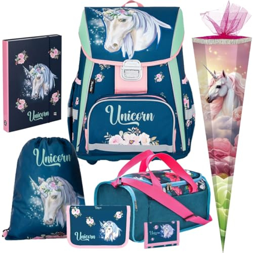 Generisch Oxy Bag Premium Unicorn - Einhorn - Schulranzen-Set - Brustbeutel Gratis dazu (7 teilig mit Sporttasche und Schultüte)