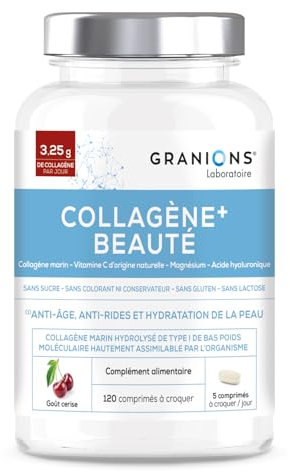 GRANIONS COLLAGENE MARIN + BEAUTE - Collagene et Acide Hyaluronique + Vitamine C + Acerola - Collagene Marin Complement Alimentaire - Collagene Peptides - Goût Cerise - 120 Comprimés à Croquer