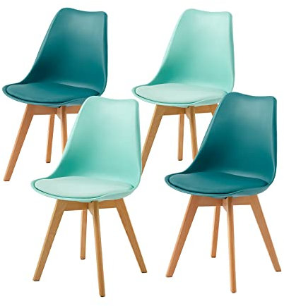 EGGREE 4er Set Esszimmerstühle Gewerbestuhl mit Massivholz Buche Bein SGS Geprüfter Skandinavisch Design Gepolsterter Stuhl Küchenstuhl Holz, 2 Mintgrün + 2 Türkis