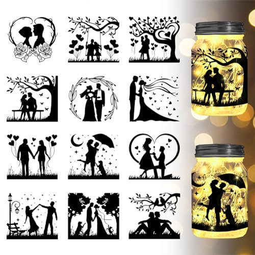 GLOBLELAND 12 Pz Coppia Silhouette Vetrofanie Amore Matrimonio Lanterna di Plastica Barattolo Decalcomanie Carta per Illuminazione Decorazione Carta Tagliata Scatola Luminosa Decorazioni per La Casa