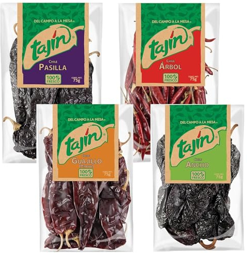 Tajin Authentic Mexican Chilli Bundle Containing 4 types of 75g Whole Dried Chillies - Guajillo, Ancho, Pasilla and Arbol