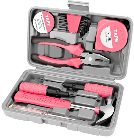 XDENGP 13 Stück Rosa Werkzeugset Mini Werkzeugkoffer für Frauen Home Tool Kit mit Kunststoff Aufbewahrung Toolbox für alle Zweck Büro, Garage, Wohnung und College Wohnheim