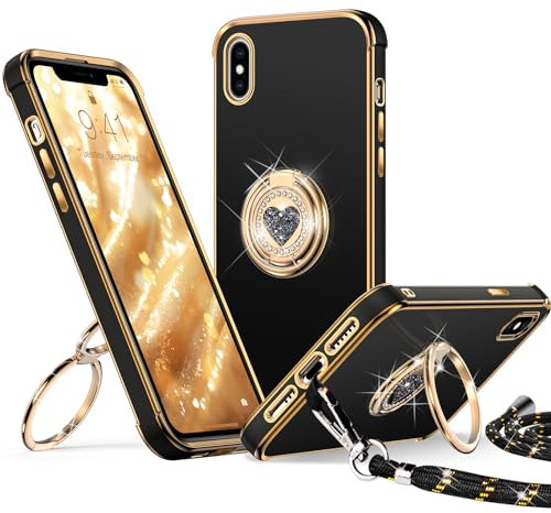 XYZ für iPhone X/XS Hülle mit Band, Herz Doppelring Ständer HandyHülle Handykette Frauen Mädchen Dünn Stoßfeste Anti-Kratzt SchutzHülle für iPhone X/XS Case, Schwarz