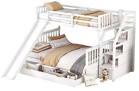 Azkoeesy Letto a castello con scala di stoccaggio e scivolo per 3 bambini, 140 x 200 cm e 90 x 200 cm, culla con rete a doghe, protezione anticaduta e griglia, vano portaoggetti in scale, 2 cassetti
