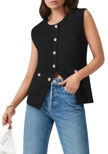 Women Sleeveless Sweater Vest Button Round Neck Knit Vest Top Trendy Casual Spring Cardigan with Pockets Black L