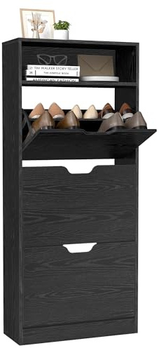 VASAGLE skoskåp 3 klaffar, skotippare, skoställ, skoförvaring, öppet fack, justerbar avdelare, för 14-18 par skor, hall, 24 x 60 x 139 cm, ebenholtssvart LBC046B03