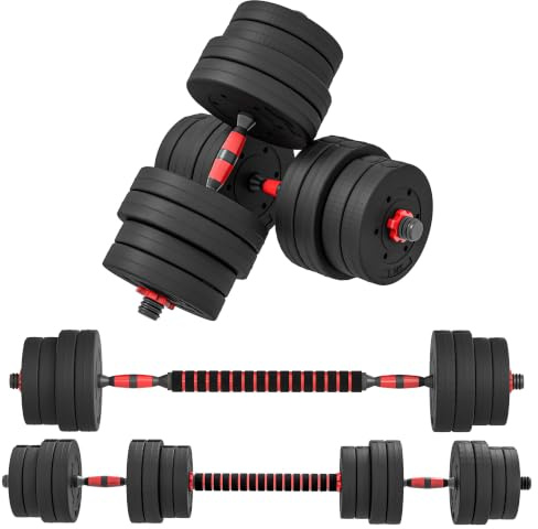 HOMCOM Lot de 2 Haltères Musculation 2-en-1 15/20/25/30 kg Poids Réglable | Poids Réglable, Barres Incluses, Entraînement Musculaire & Haltérophilie pour Home Gym, HDPE