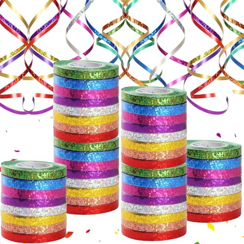 480 Meter Langen Luftschlange Geburtstag, 48 Funkelnd Bunte Luftschlangen in 8 Farben. Perfekt für Hochzeit Deko, Geburtstags Deko, Silvester Deko, Geschenkband und Verschiedene Feierliche Anlässe