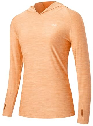 WILLIT Camiseta de running para mujer, protección solar UPF 50+, con capucha, camiseta deportiva, camiseta de manga larga, senderismo, pesca, exterior, secado rápido, sudadera ligera, naranja claro, M