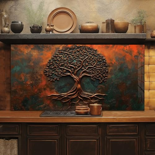 Roggmard Tempered Glass Kitchen Backsplash, Tree of Life Stove Back Top Cover, Splashback Tile, Kitchen Sink Cover Splash Guard, Home Kitchen Decor (30x24''-(76x61cm))