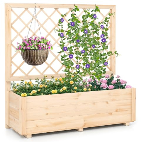 RELAX4LIFE Blumenkasten mit Rankgitter, Spalier mit Pflanzkasten aus Kiefernholz, Hochbeet Gartenspalier Blumenkübel für Balkon Garten Terrasse (98 x 34 x 104 cm)