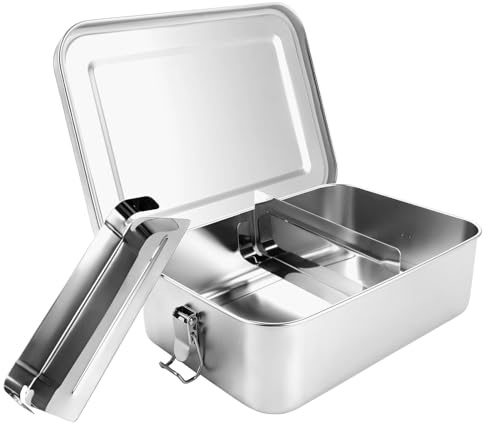 MUXHEL Brotdose Edelstahl mit 3 Fächern, 2400ml Metall Lunchbox, mit Bewegliche Trennwand, Brotdose Metall, Auslaufsicher Lunbox, für Erwachsene - 24 x 17 x 7.7CM