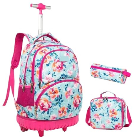 SNGUOQ Schulranzen Mit Rollen Kinder Schulrucksack mit Rollen Schultrolley-Rucksack Schultrolley-Taschenset Mädchen Schulrucksack mit Rollen(Rose Red)