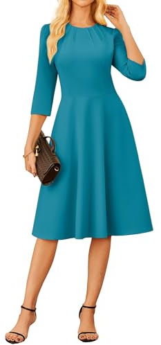 GRACE KARIN - Abito da donna elegante a maniche 3/4, lungo, casual, girocollo, A-line, midi, Ciano, L